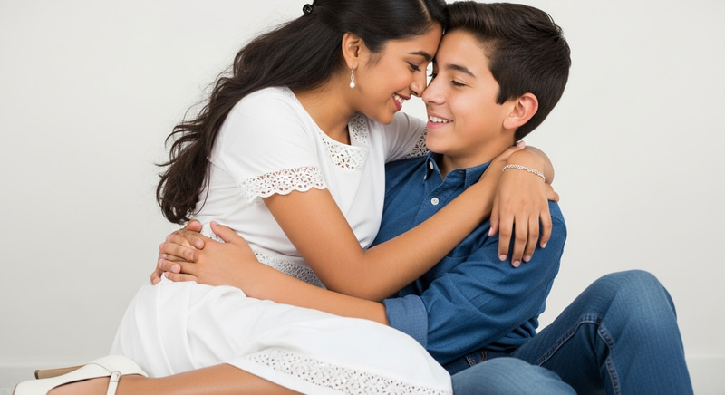 Sweet Teenage Couple Embracing in White Dress and Heels Sweet Teenage Couple Embracing in White Dress and Heels