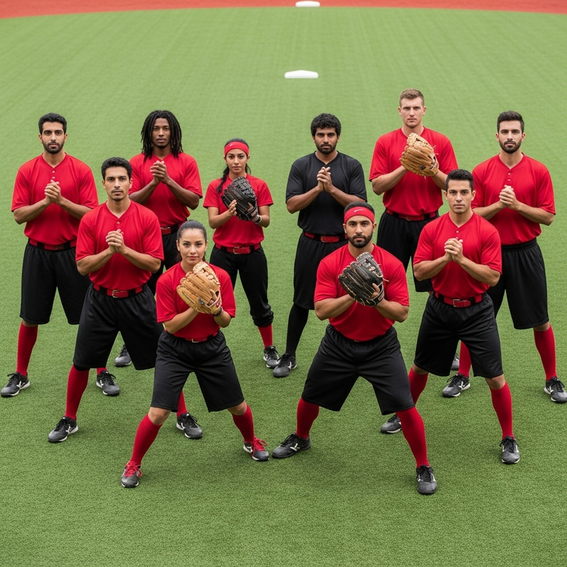 Energized Kickball Team in Red Uniforms with Diverse Heritage