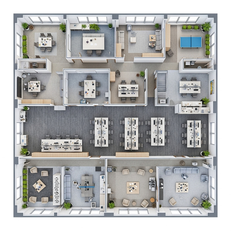 Modern Startup Floor Plan Design with Collaborative Spaces and Serene Zones Modern Startup Floor Plan Design with Collaborative Spaces and Serene Zones