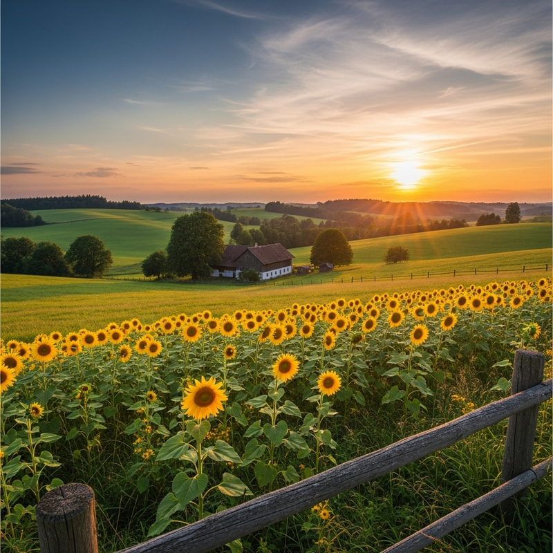Tranquil Countryside Scene: Rolling Hills, Sunflowers, Farmhouse Tranquil Countryside Scene: Rolling Hills, Sunflowers, Farmhouse