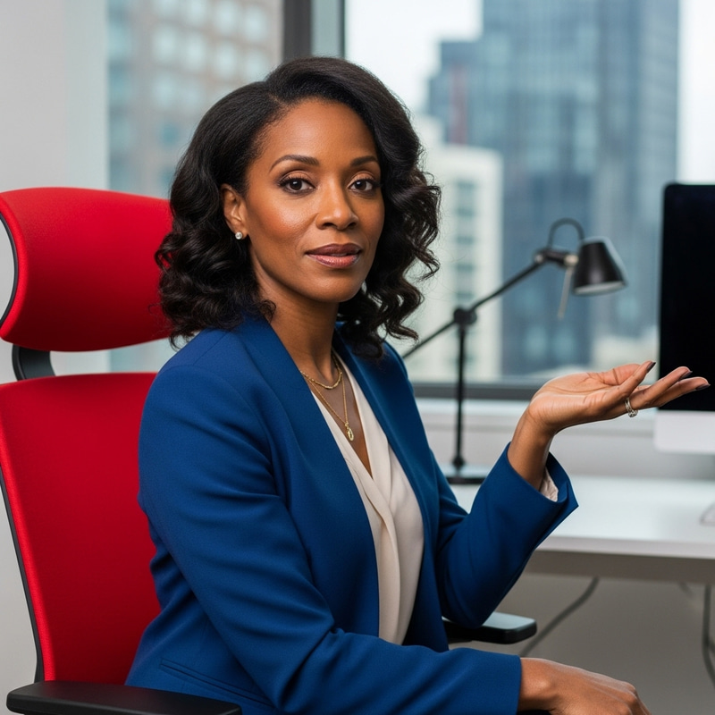 Forties African Woman Reaching In Red Office Chair