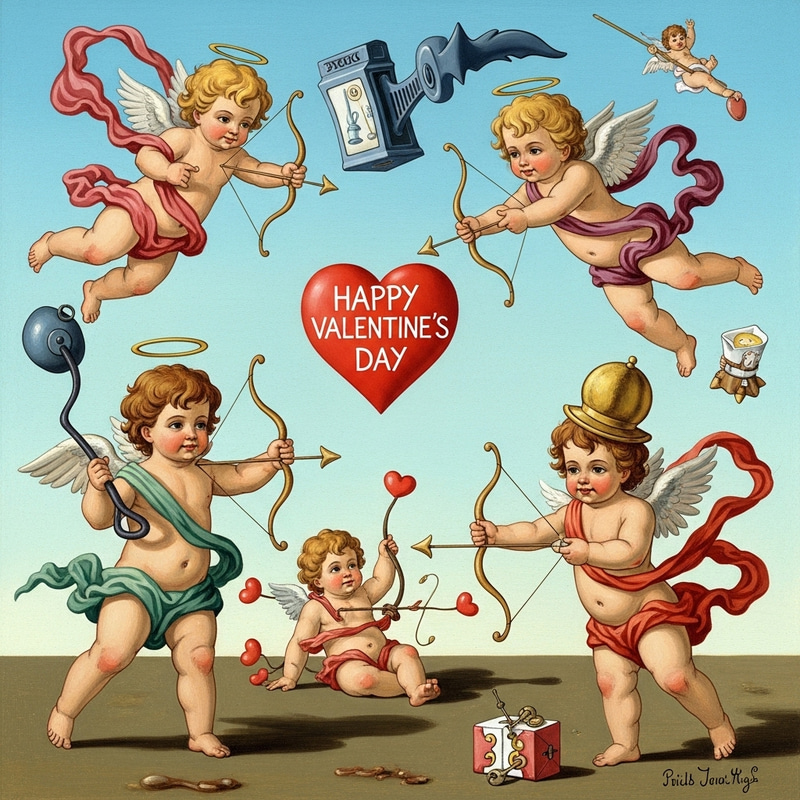 Whimsical Cupid Figures in Salvador Dali's Eccentric Valentine's Day Scene Whimsical Cupid Figures in Salvador Dali's Eccentric Valentine's Day Scene