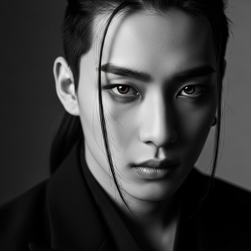 Close-Up Portrait of Expressive Asian Man in Monochrome