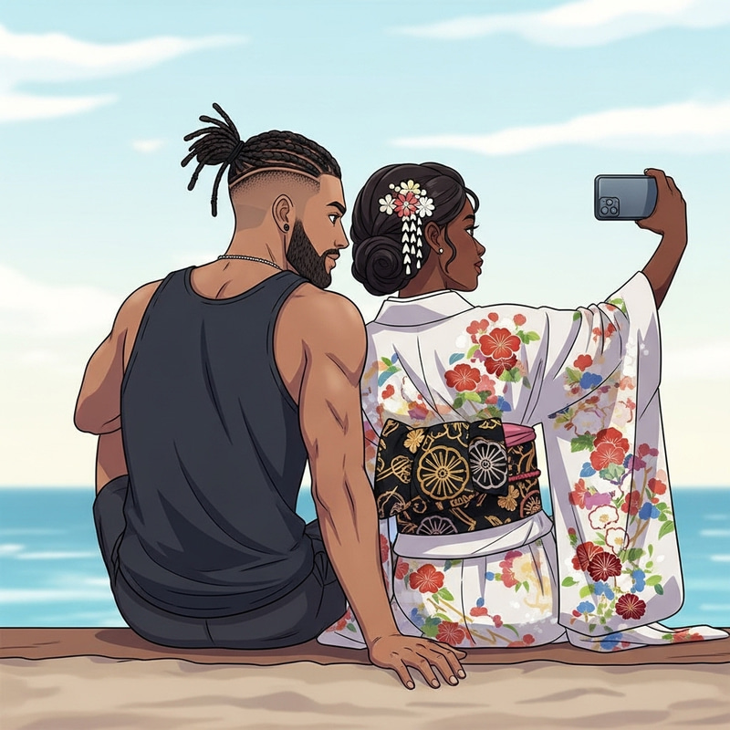 Serene Couple Selfie: Stylish Braided Hair Man & Elegant Kimono Woman Serene Couple Selfie: Stylish Braided Hair Man & Elegant Kimono Woman