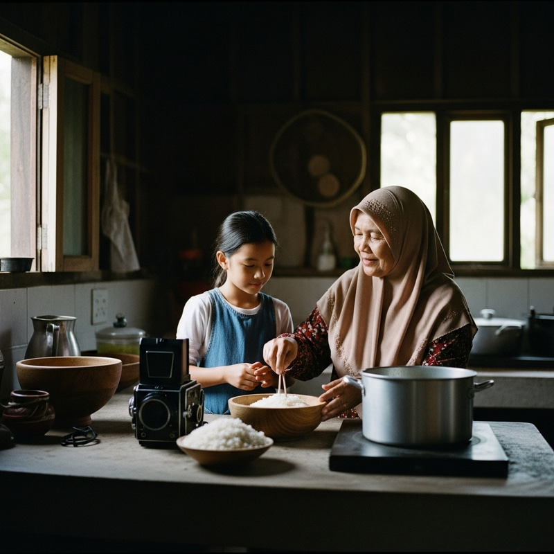 Muslim Grandmother and Daughter Cooking Rice in Warm Rustic Kitchen