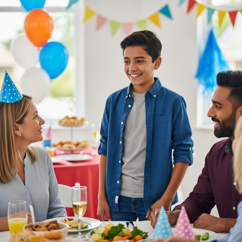 Smiling Hispanic Boy Chatting with Guests at Party