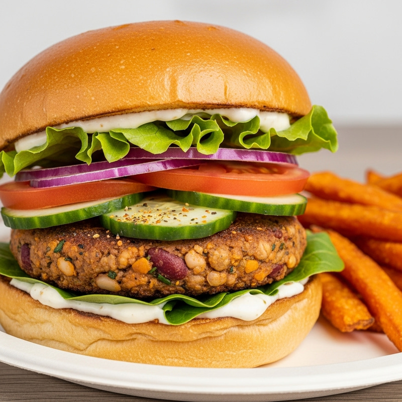 Mouthwatering Veggie Burger and Sweet Potato Fries Mouthwatering Veggie Burger and Sweet Potato Fries