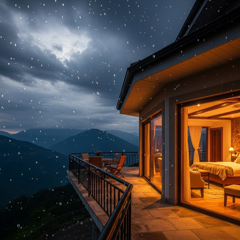 Tranquil Mountain House Interior Overlooking Mountains on a Rainy Night Tranquil Mountain House Interior Overlooking Mountains on a Rainy Night