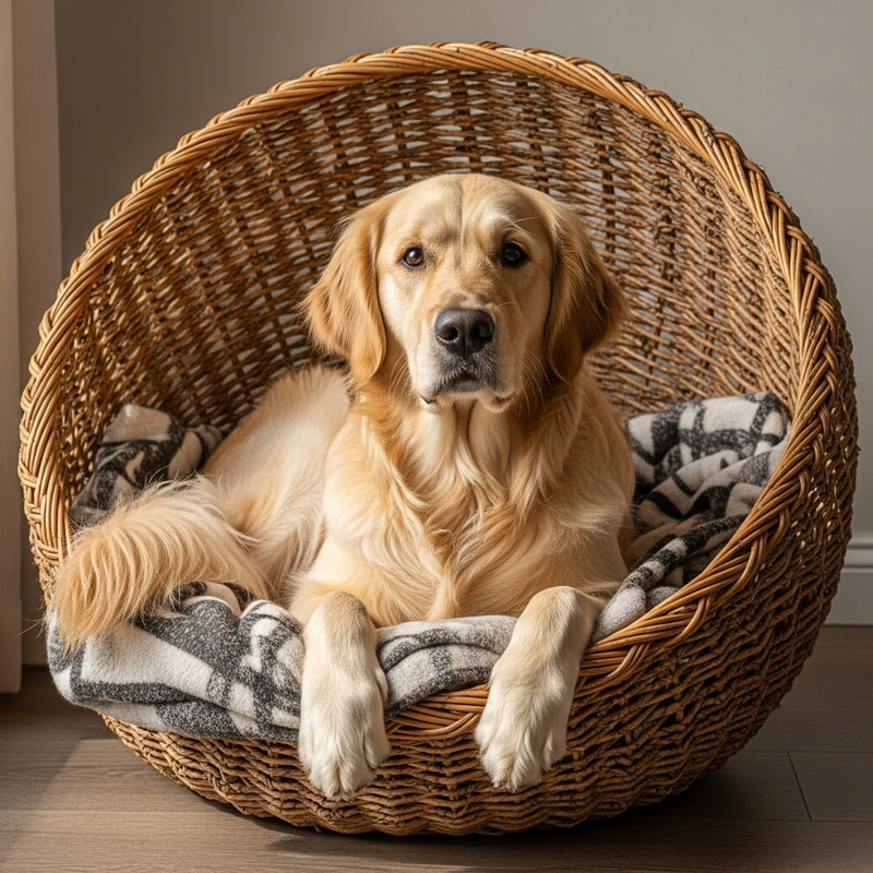 Golden Retriever in Wicker Basket - Heartwarming Image Golden Retriever in Wicker Basket - Heartwarming Image