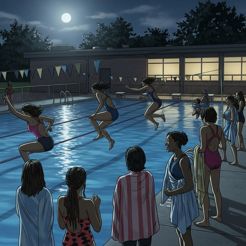 High School Black Female Students Nighttime Pool Gathering High School Black Female Students Nighttime Pool Gathering