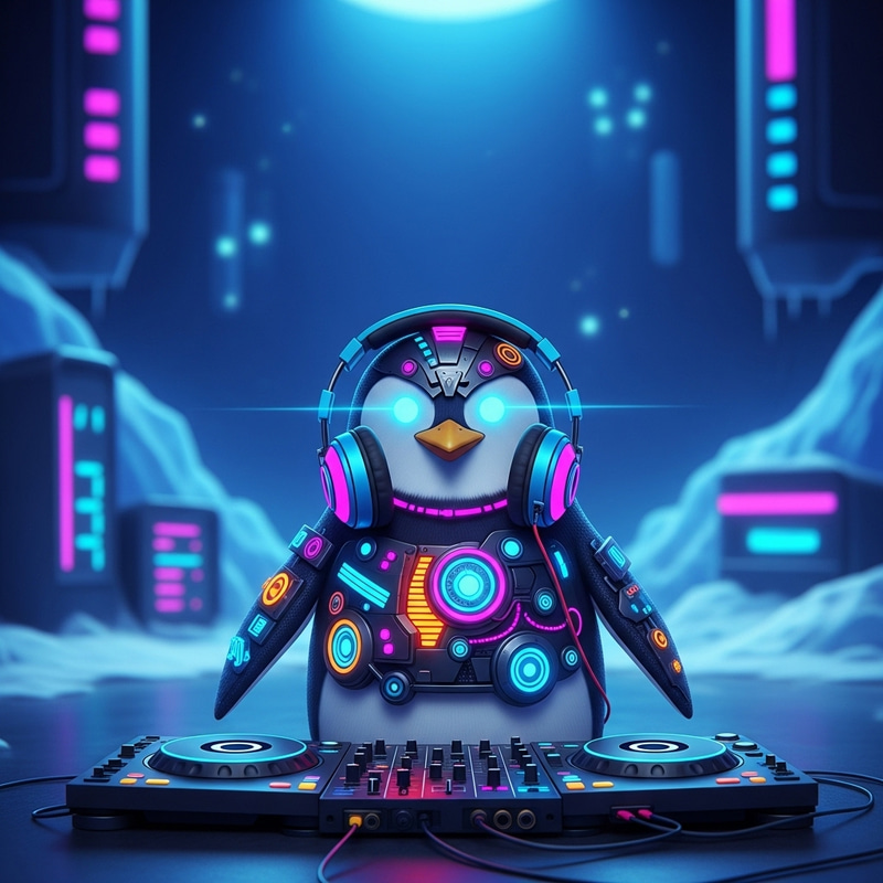Futuristic Techno Penguin in Neon-Lit Environment