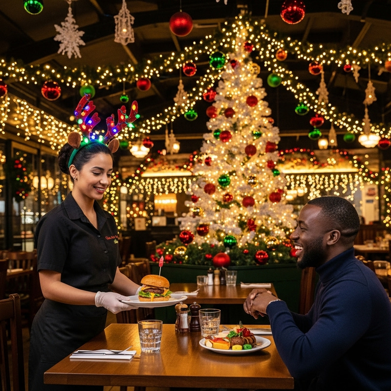 Festive Christmas Restaurant Decor with waitress serving festive hamburger Festive Christmas Restaurant Decor with waitress serving festive hamburger