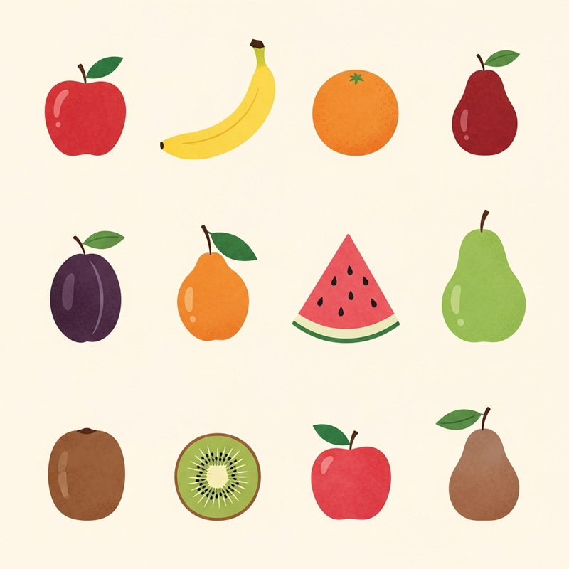 Colorful Fruits Display: 12 Assorted Fruits in Minimalist Style