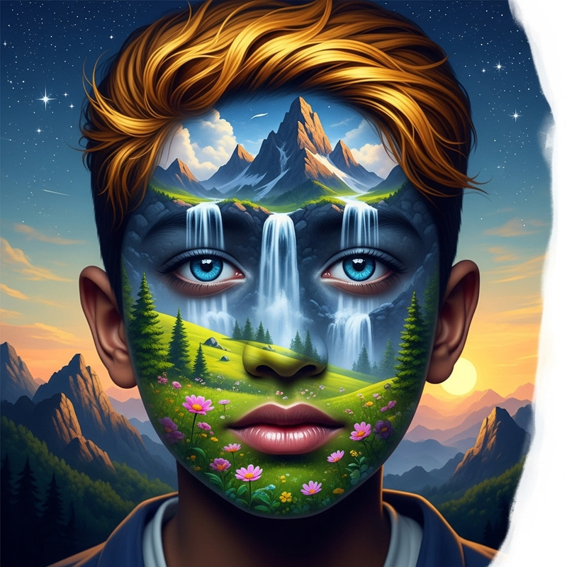 Surreal Portrait: South Asian Boy's Face Transforms into Nature Landscape