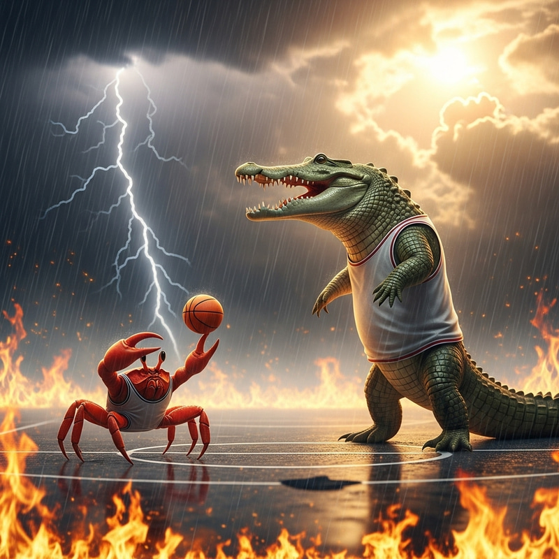 Crab vs Crocodile Basketball Match on Flaming Court