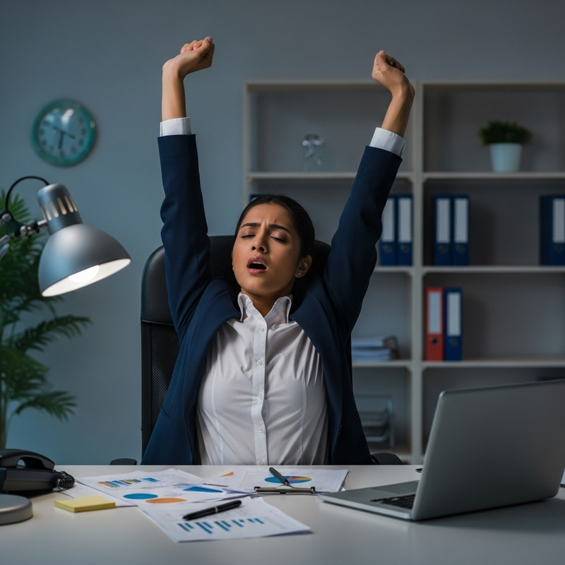 Tired South Asian Businesswoman at Well-Lit Office