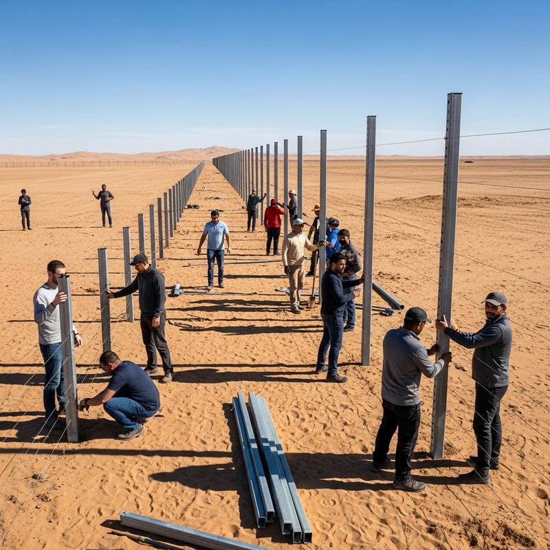 Diverse Workers Building Perimeter Fence in Desert Diverse Workers Building Perimeter Fence in Desert