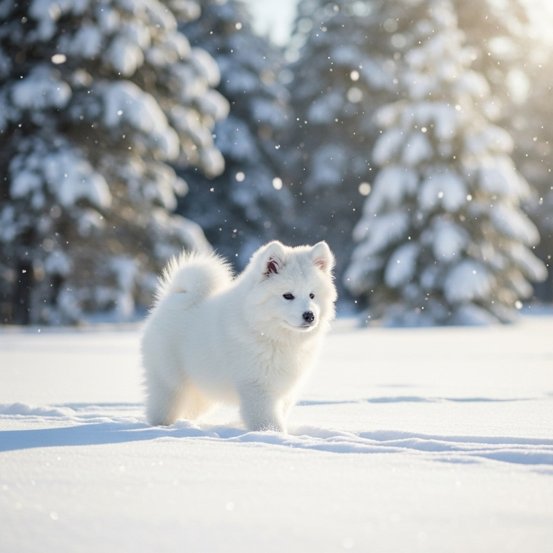 Furry Samoyed Puppy Frolicking in Winter Wonderland Furry Samoyed Puppy Frolicking in Winter Wonderland