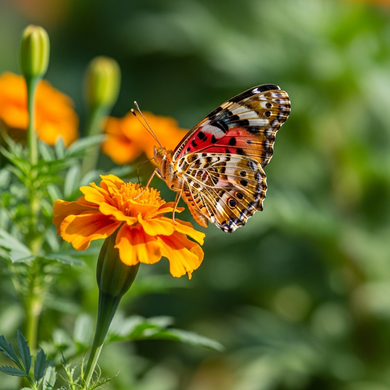 Beautiful Butterfly on Blooming Marigold - Stunning Garden View Beautiful Butterfly on Blooming Marigold - Stunning Garden View