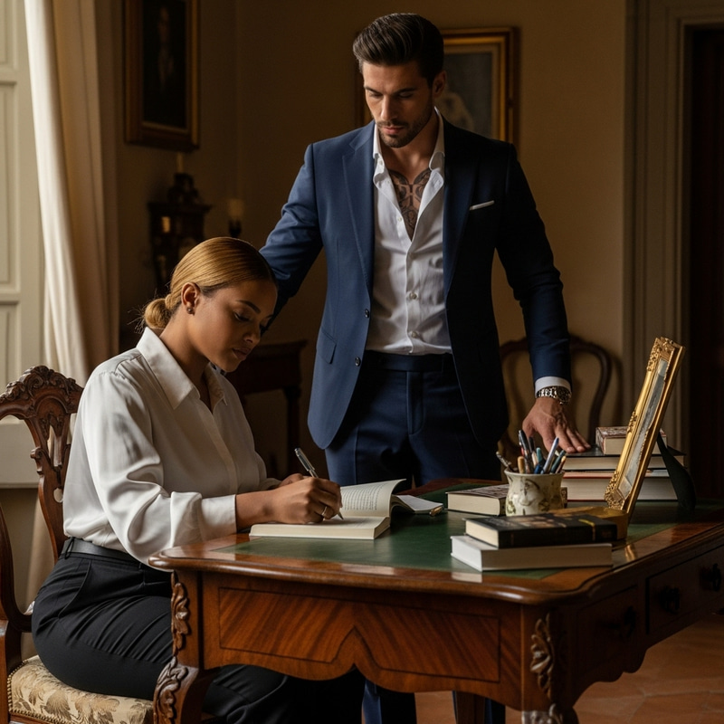 Elegant African American Woman Writing Novel in Luxurious Italian Villa Elegant African American Woman Writing Novel in Luxurious Italian Villa