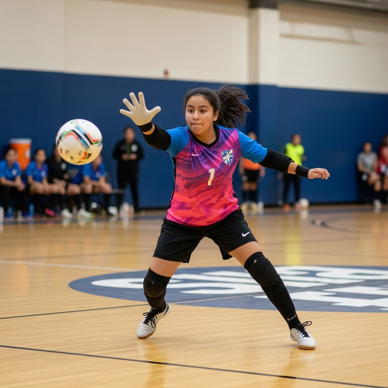 Hispanic Teenage Girl Blocks Soccer Shot in Colorful Futsal Uniform Hispanic Teenage Girl Blocks Soccer Shot in Colorful Futsal Uniform