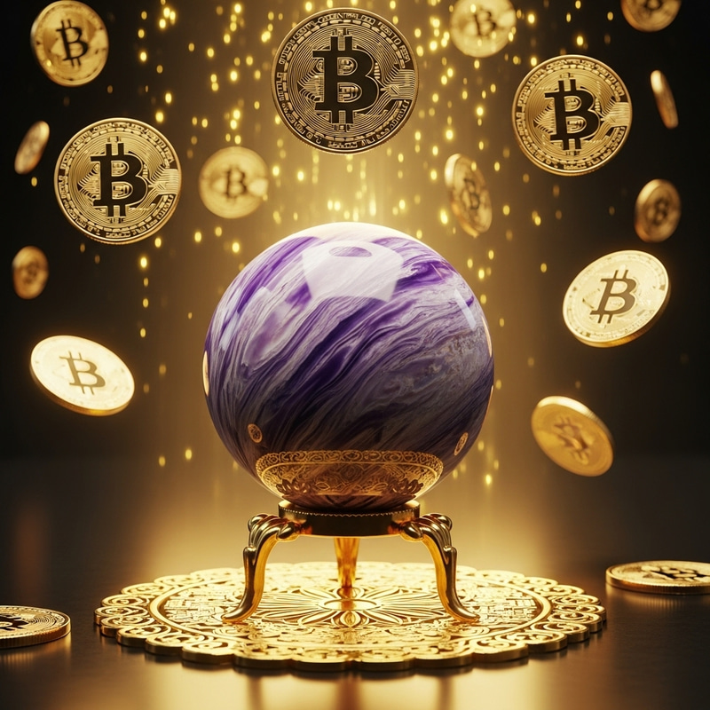 Charoite Sphere on Gold Stand with Bitcoin Coins and Golden Glow Charoite Sphere on Gold Stand with Bitcoin Coins and Golden Glow