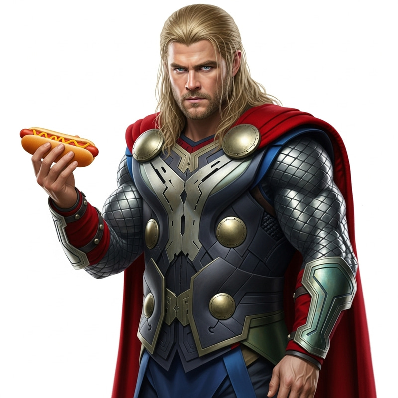 Serious Thor Holding Hotdog Sandwich | Mythical Norse Character