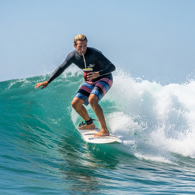 Blond Surfer Enjoying Yerba Mate on the Waves