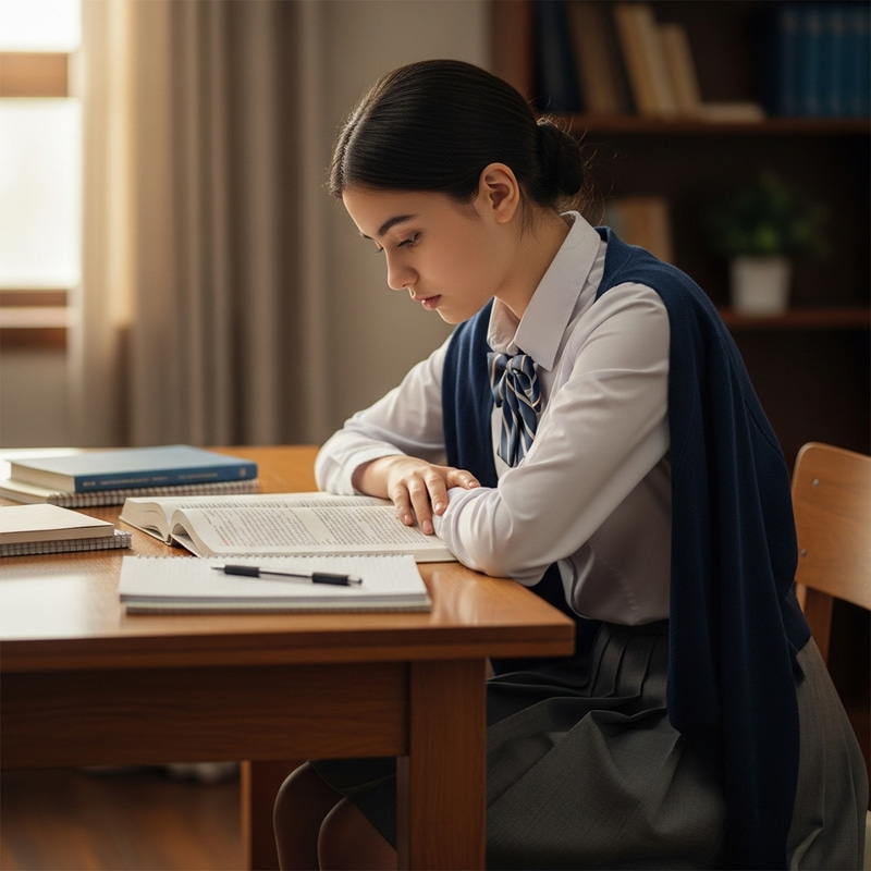 High School Girl Studying in Modest Uniform High School Girl Studying in Modest Uniform