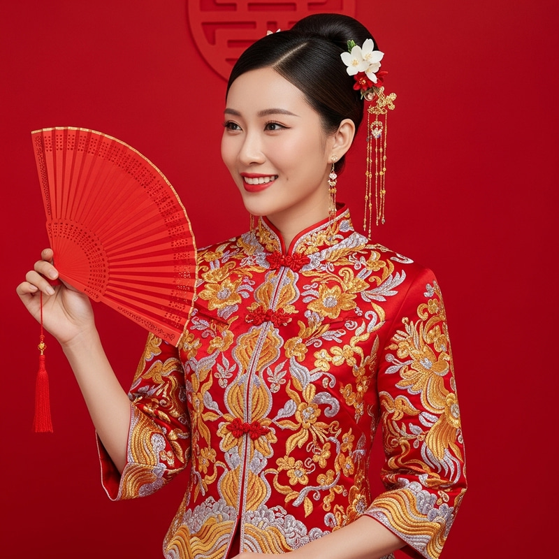 Stunning Chinese Bride in Elegant Red Qipao Outfit Stunning Chinese Bride in Elegant Red Qipao Outfit
