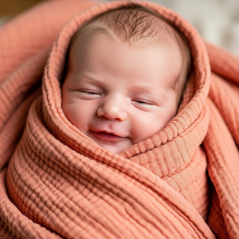 Joyful Newborn Baby Wrapped in Salmon Muslin Blanket Joyful Newborn Baby Wrapped in Salmon Muslin Blanket