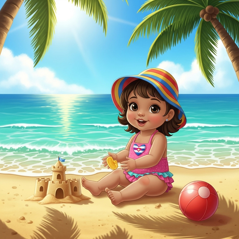 Cuban Baby Girl Playing on Sunlit Beach in Acapulco Cuban Baby Girl Playing on Sunlit Beach in Acapulco