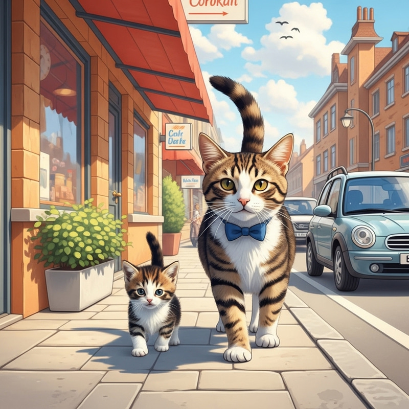 Heartwarming Kitten and Father Cat Stroll in Vibrant Pastel Scene Heartwarming Kitten and Father Cat Stroll in Vibrant Pastel Scene