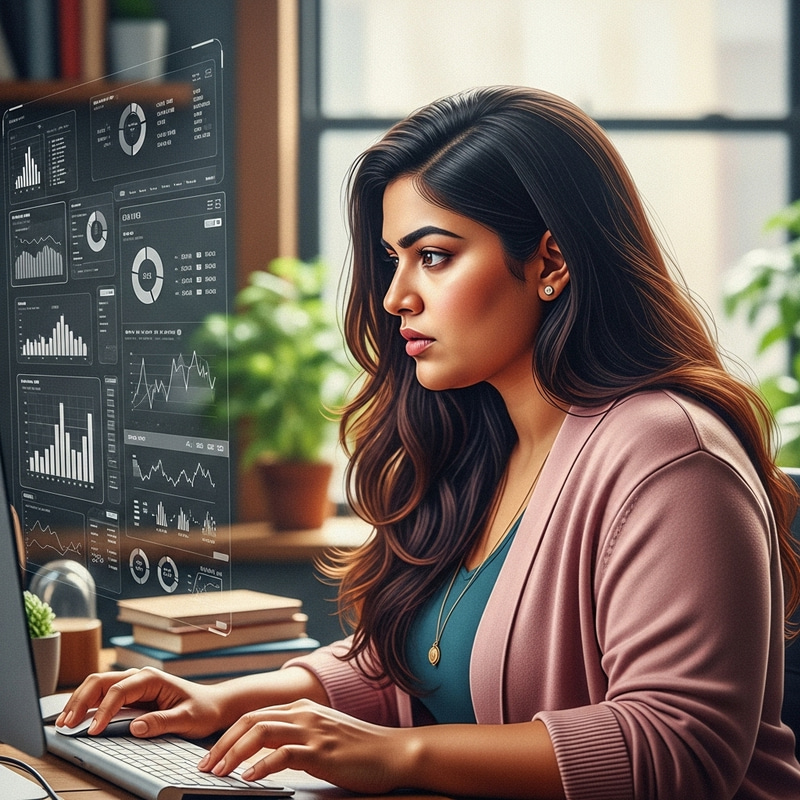 Diverse Female Digital Marketer Analyzing Metrics with Long Hair