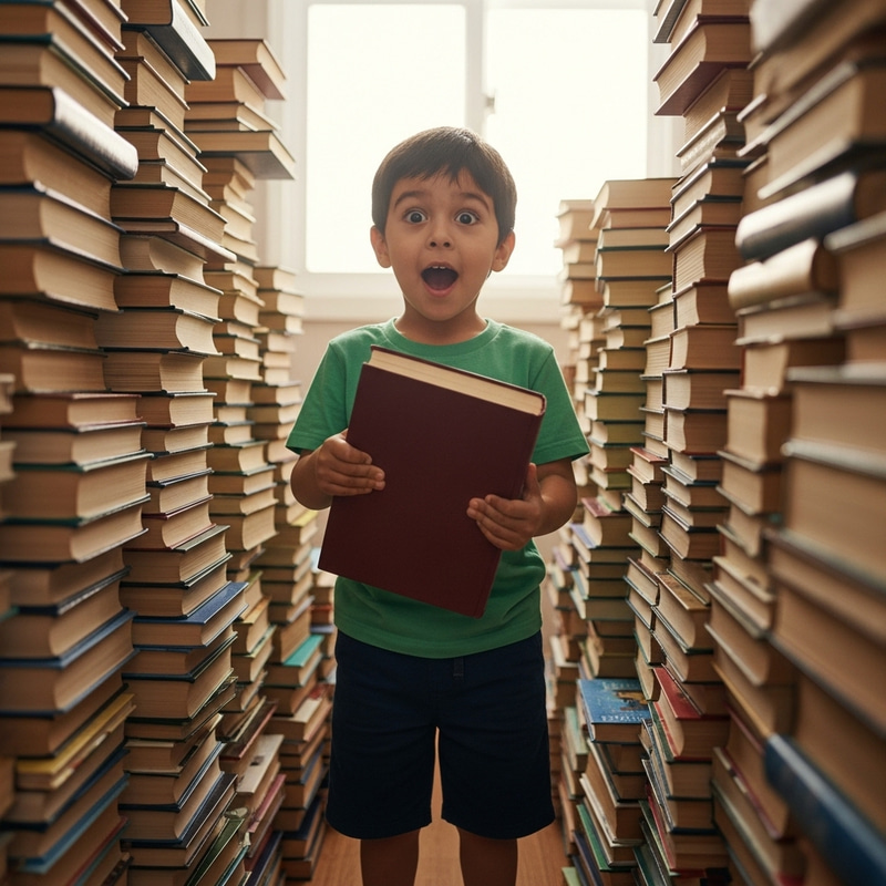 Enthralling Book Adventure: Young Hispanic Boy Amid Giant Book Stacks