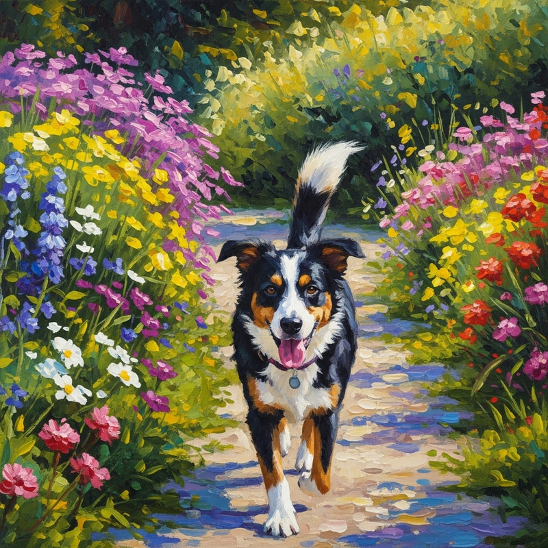 Playful Dog in Vibrant Garden - Impressionistic Pet Photography Playful Dog in Vibrant Garden - Impressionistic Pet Photography