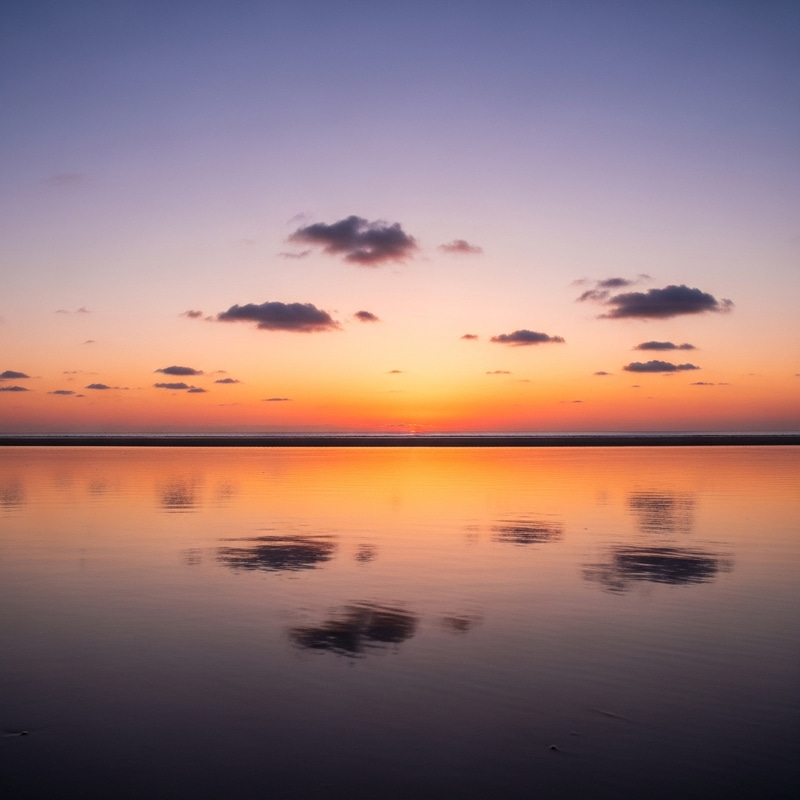 Tranquil Sunset over Calm Seashore | Infinite Ocean Vista