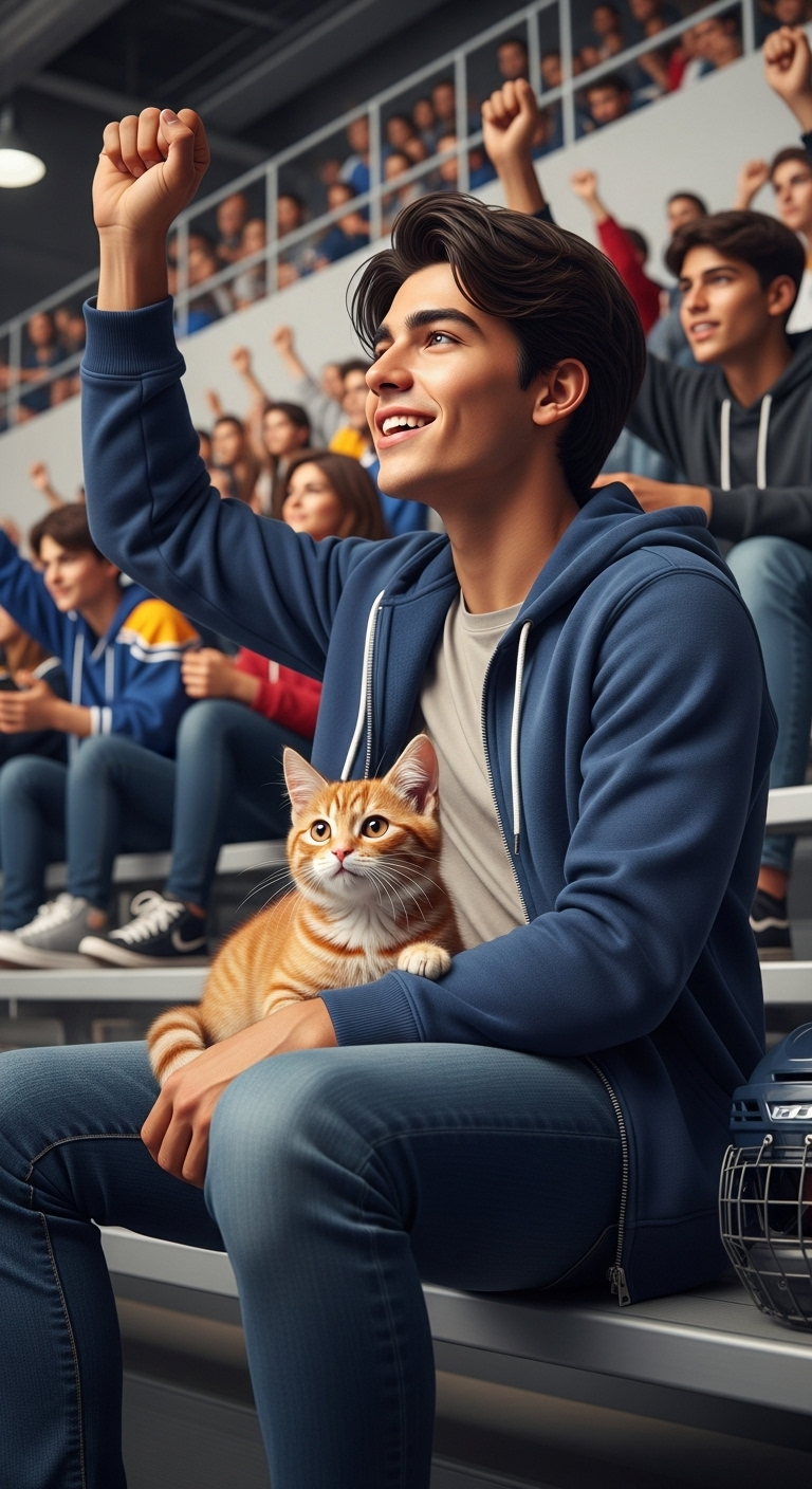 Realistic Portrait of Cheerful Boy with Ginger Cat at Hockey Match Realistic Portrait of Cheerful Boy with Ginger Cat at Hockey Match
