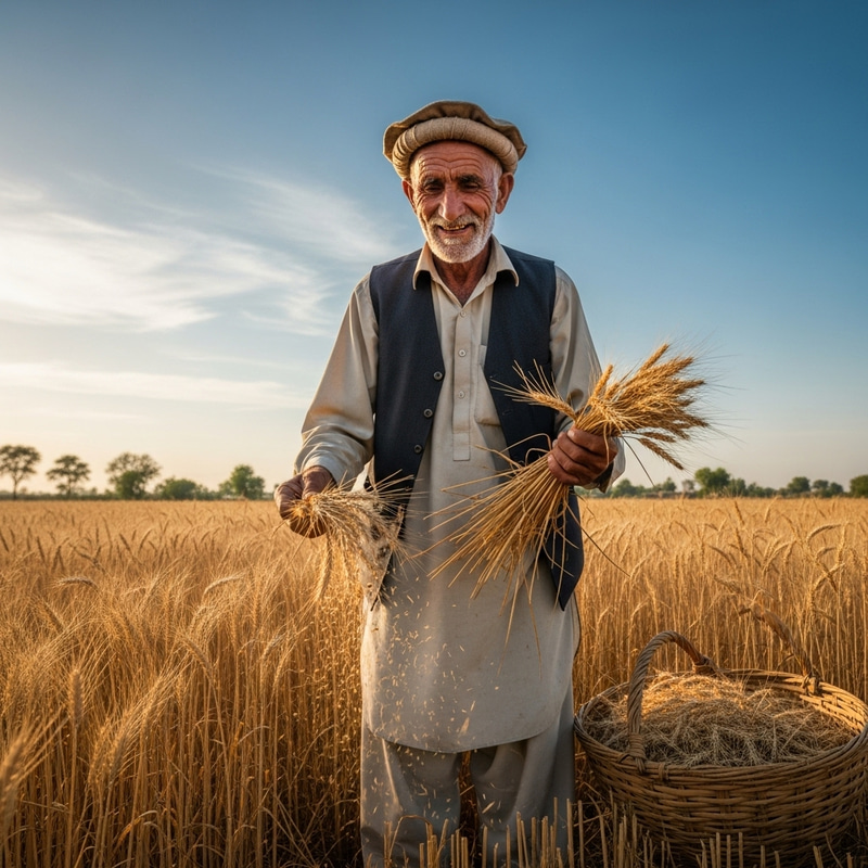 Elderly Pakistani Farmer Harvesting Golden Wheat Crop