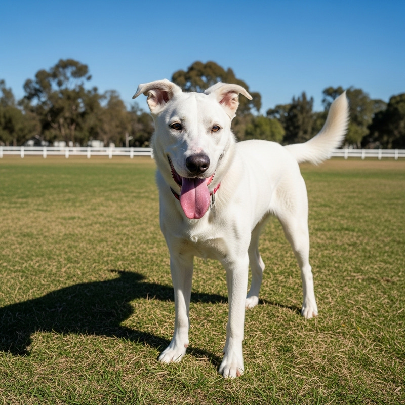 Friendly White Dog in Grassy Field | Bright Sunny Day Playfulness