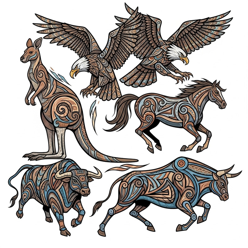 Dynamic Tribal Tattoo Design with Kangaroo, Horse, Eagle & Bull Dynamic Tribal Tattoo Design with Kangaroo, Horse, Eagle & Bull