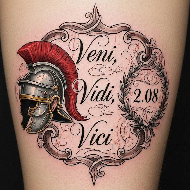 Intricate Tattoo Design with 'Veni Vidi Vici' Phrase & Roman Motifs