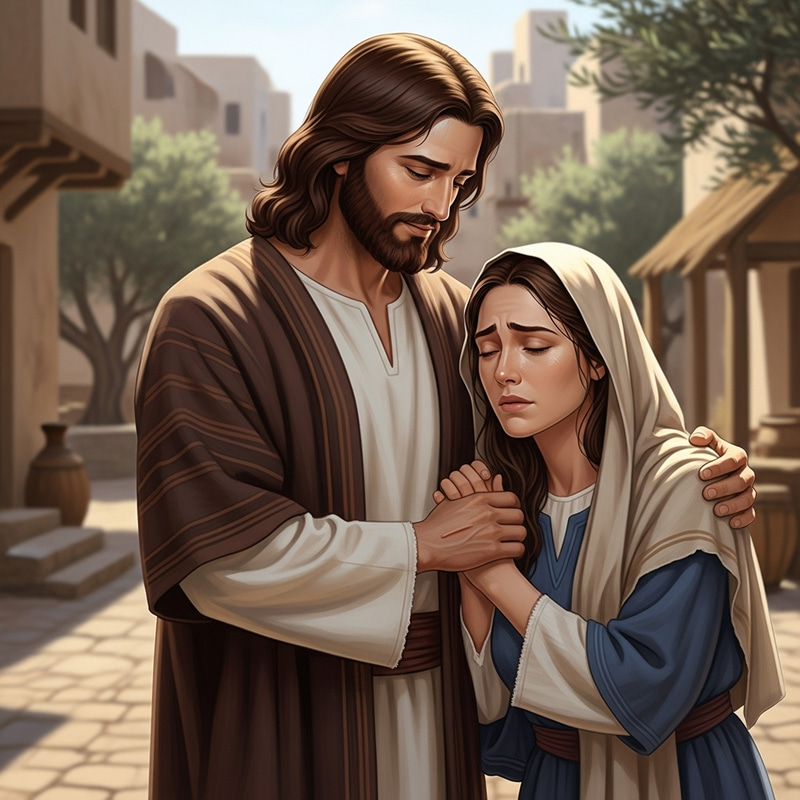 Image of Jesus Consoling Mary Magdalene in Historical Setting Image of Jesus Consoling Mary Magdalene in Historical Setting