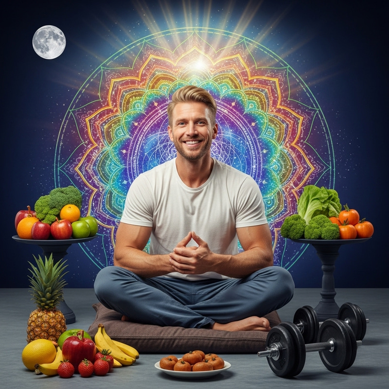 Smiling Strong Caucasian Man with Mandala and Fruit Smiling Strong Caucasian Man with Mandala and Fruit