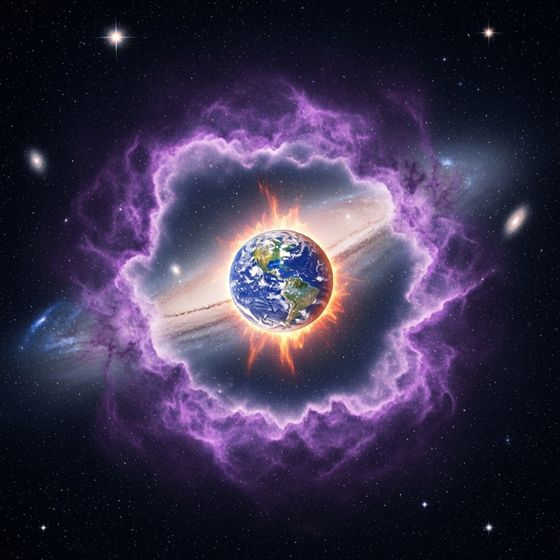 Cosmic Explosion: Earth in Peril Amid Purple Nebulae Cosmic Explosion: Earth in Peril Amid Purple Nebulae