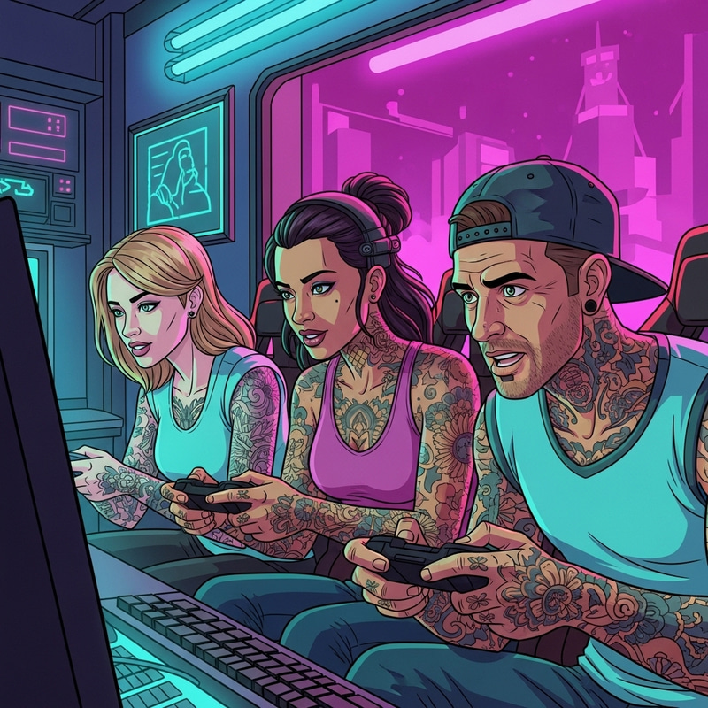 Futuristic Cyberpunk Gamers in Neon Colors - Intense Reality Futuristic Cyberpunk Gamers in Neon Colors - Intense Reality
