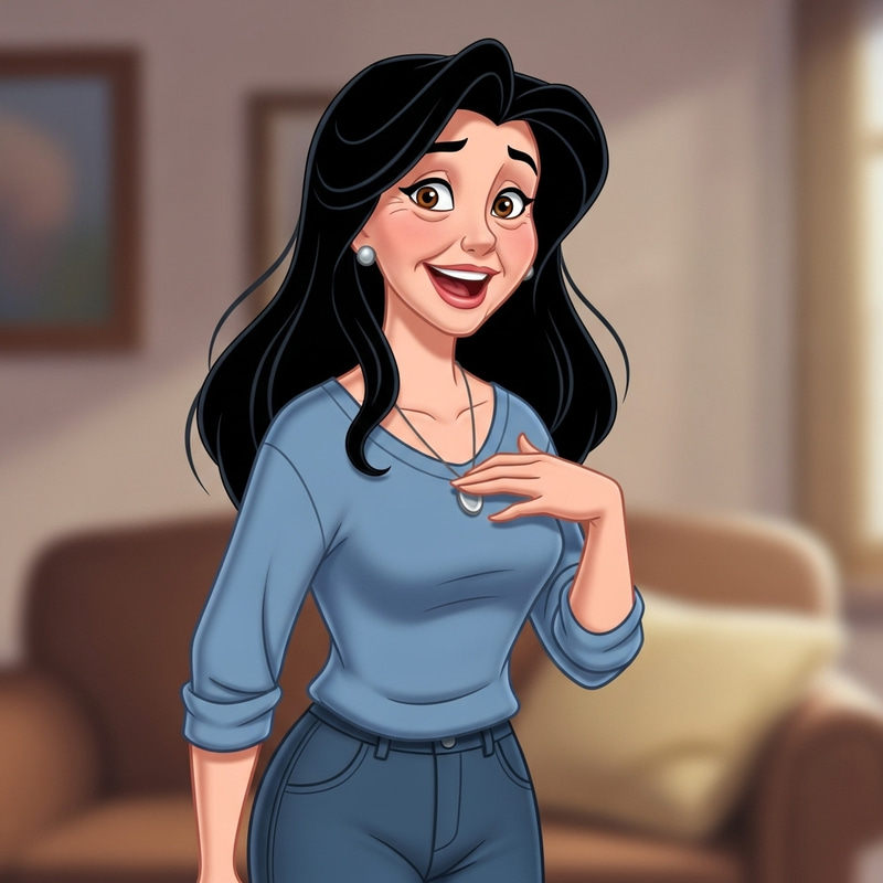 Disney-Inspired 50-Year-Old Woman: Long Black Hair & Brown Eyes