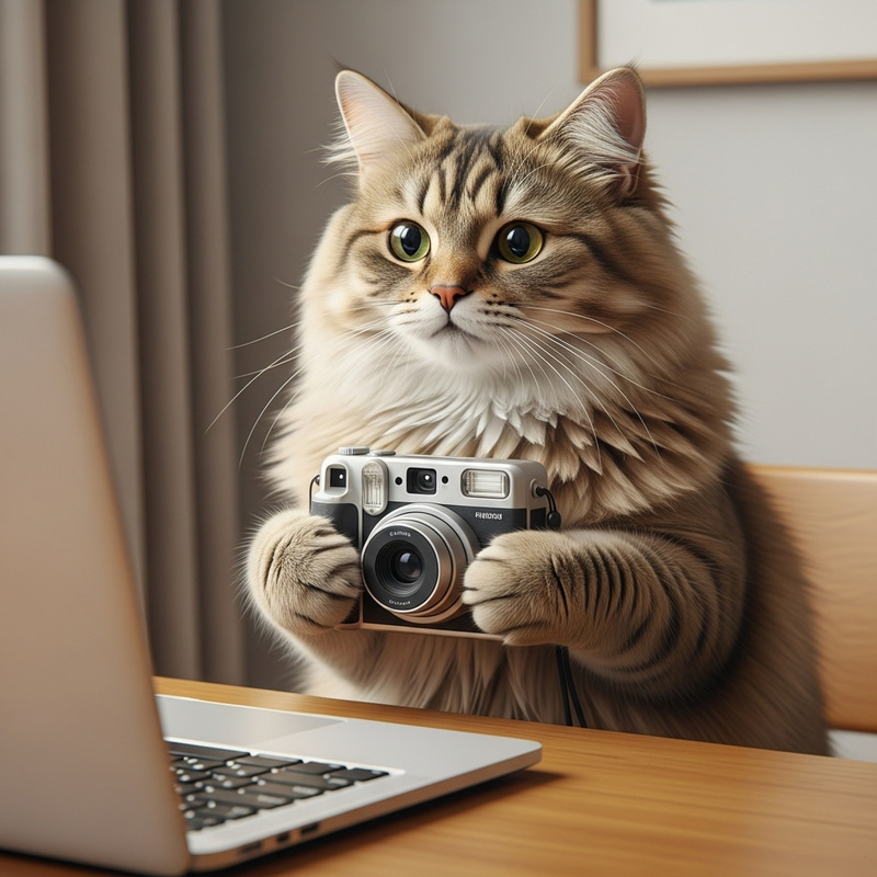 Happy Manul Cat with Camera at Laptop | Cozy Indoor Scene Happy Manul Cat with Camera at Laptop | Cozy Indoor Scene
