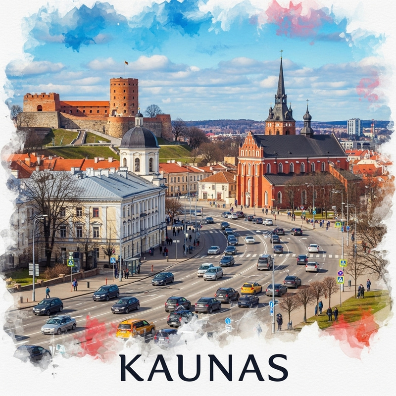 Fluided Kaunas: Cityscape Watercolor Painting of Landmarks