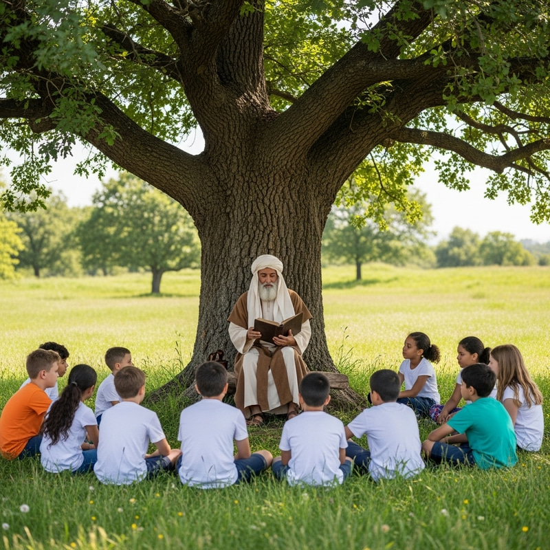 Serene Middle Eastern Male Saint Teaching Diverse Youth Under Ancient Oak Tree